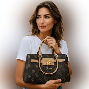 Guess Brown and Tan Satchel with Gold Lock